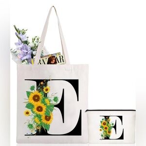 NWT Initial tote bag & makeup bag sunflower letter personalized canvas letter E
